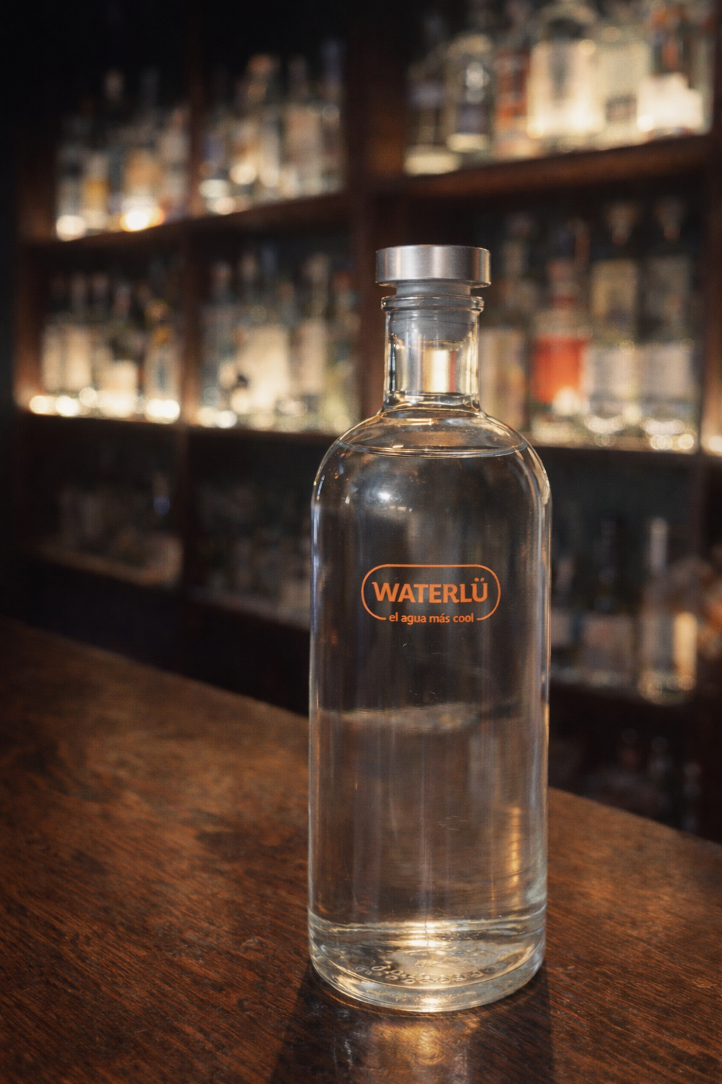 Botella WATERLÜ en barra de bar
