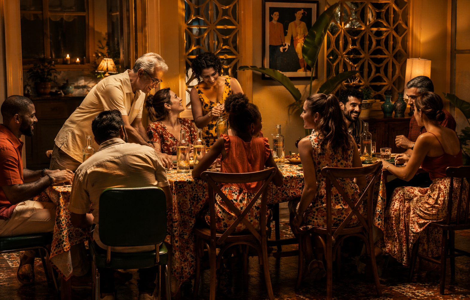 Reunión familiar con botellas WATERLÜ en la mesa