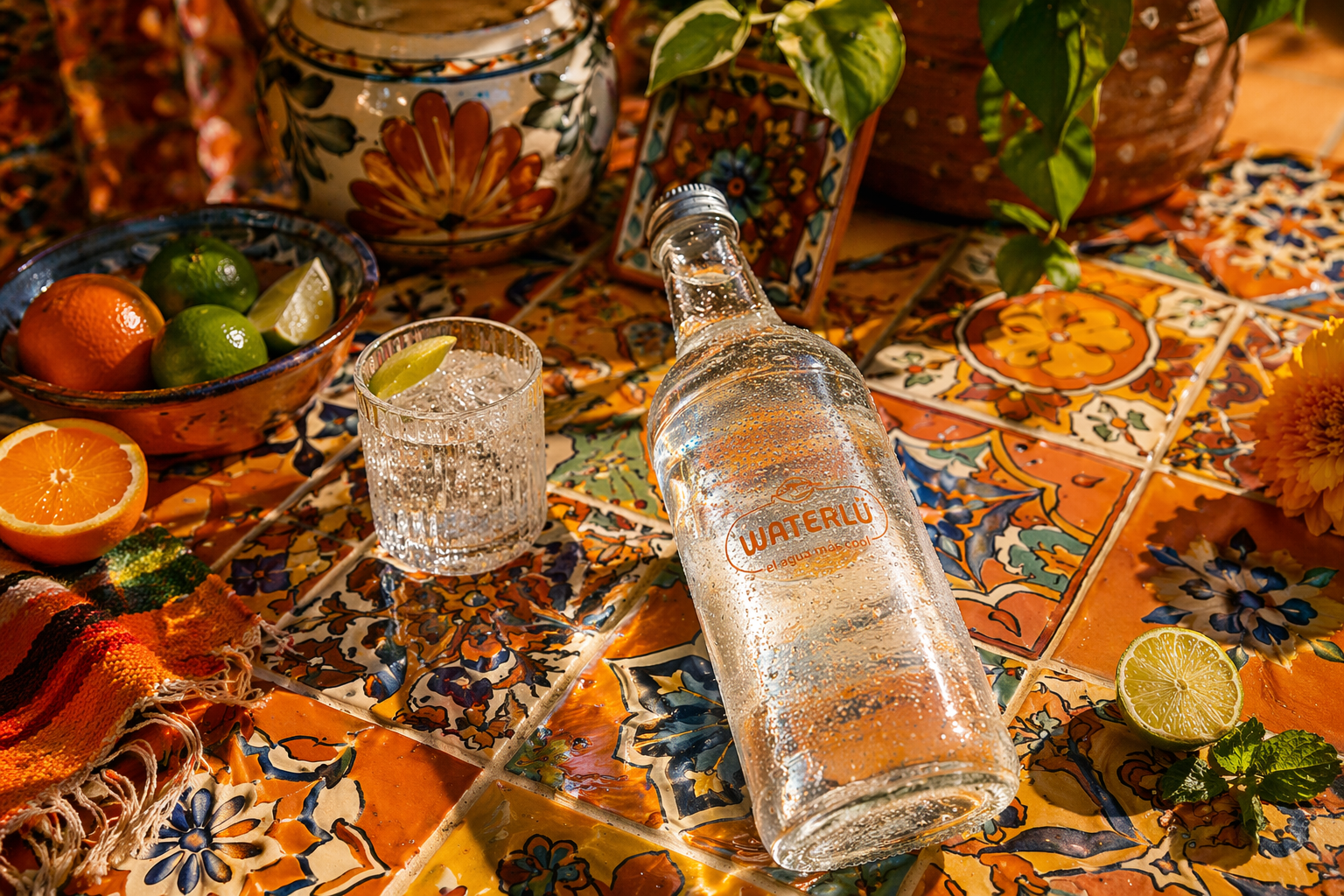 Botella WATERLÜ sobre azulejos de talavera con frutas y hierbas